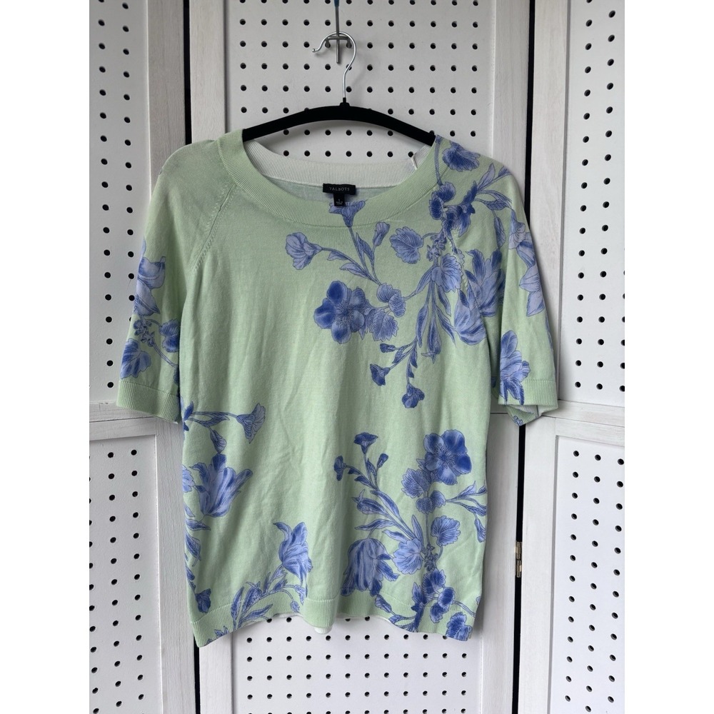 Talbots Half SLV Elbow Floral Lightweight Sweater Blouse Green Blue Women's Sm